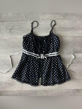 Lucy Paris Silk Blend Black Polka Dot Lace-Trim Cami with Satin Waist Tie